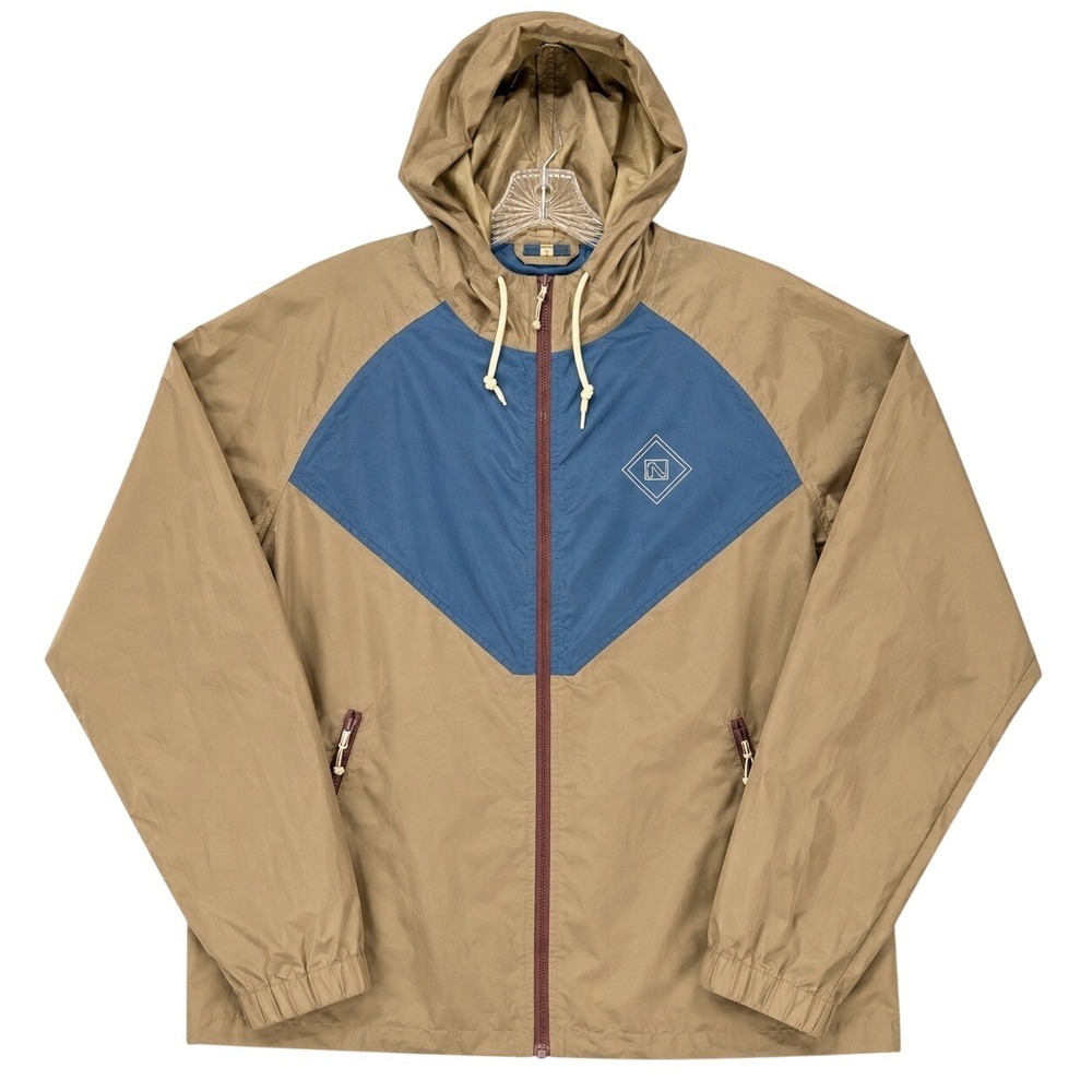 Flylow Maclean Windbreaker Jacket Men's Medium Tan Blue Packable Hooded Hiking